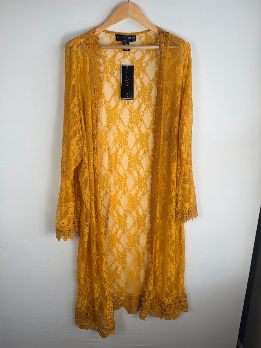 Polly & Esther Golden Mustard Lace Duster Robe Kimono Bell Sleeve 3X NWT